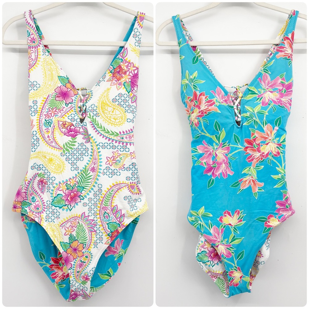 Tommy Bahama Women Reversible Floral Paisley Lace Up Tropical One Piece Swimsuit